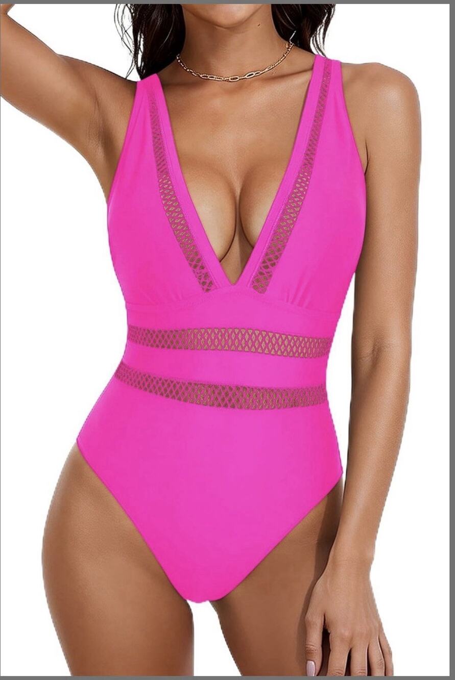 Tempt Me One Piece Swimsuit Hot Pink Halter Crochet Size Medium